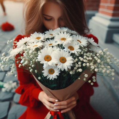 Woman smelling daisies outdoors