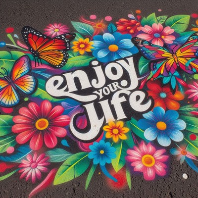 Colorful street art with butterflies and flowers