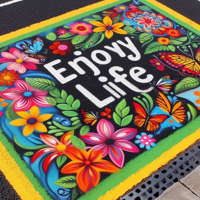 Floral street art with enjoy life message