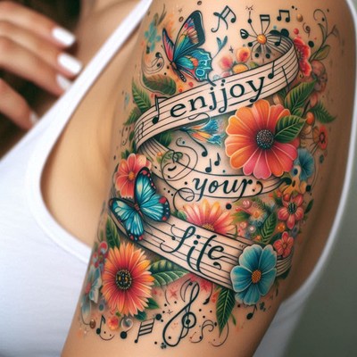 Floral music note tattoo on upper arm