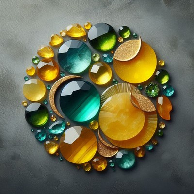 Green and yellow gemstones on gray surface