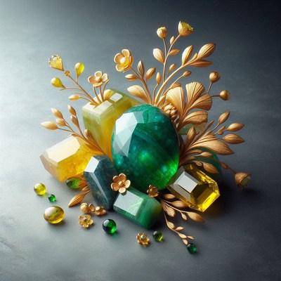 Emerald and topaz gemstones with gold flowers