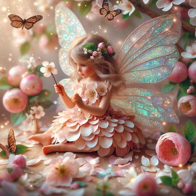Fairy girl with wings in a flower garden