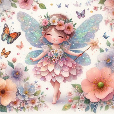 Fairy with wings and wand in flower garden