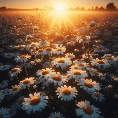 Sunrise over dew-covered daisies