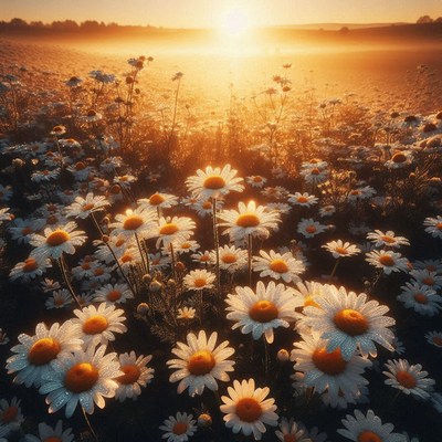 Sunrise over dewy daisies