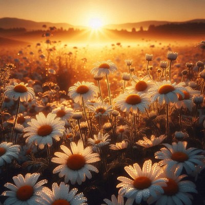 Sunrise over dewy daisies