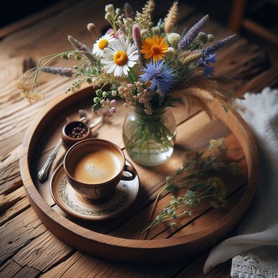 Wooden tray with coffee and flowers