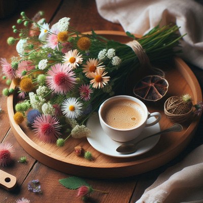 Coffee and flowers on wooden tray