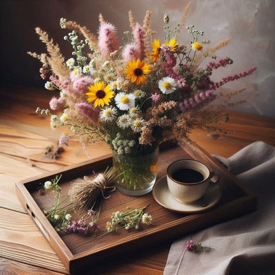 Wildflowers and coffee on wooden tray
