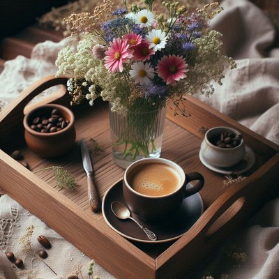 Morning coffee and flowers on wooden tray