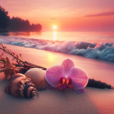 Seashells and orchid at sunset beach