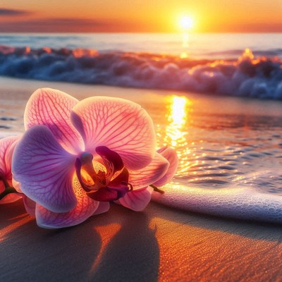 Orchid at sunset on beach