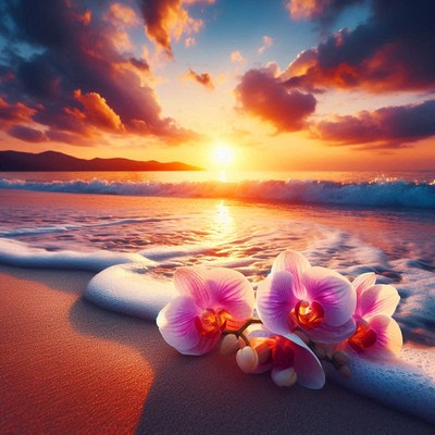 Pink orchids on beach sunset