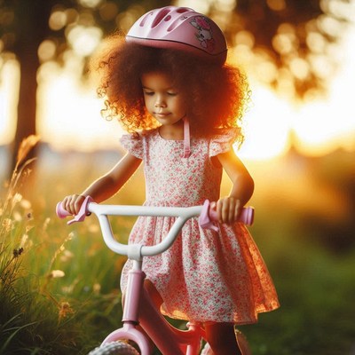 Girl riding pink bike in a park