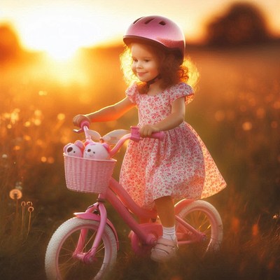 Girl riding pink bike at sunset