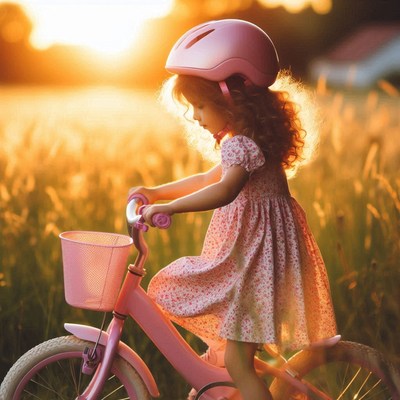 Girl riding pink bike at sunset