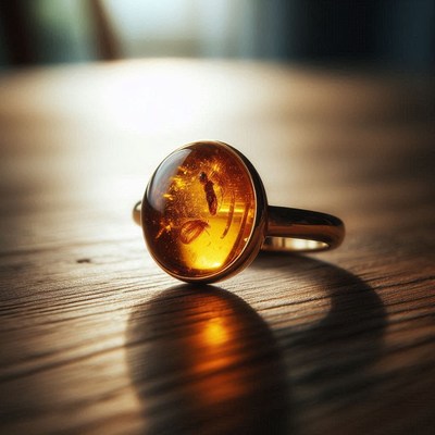Amber ring with insect inclusion