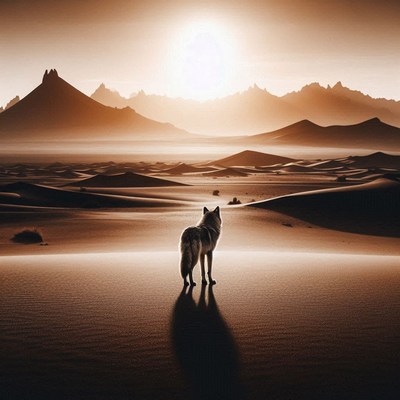 Lone wolf in desert landscape