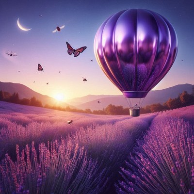 Purple hot air balloon over lavender field at sunset
