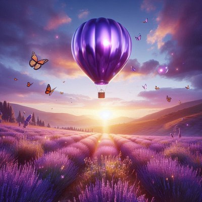 Purple hot air balloon over lavender field at sunset