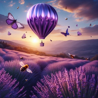 Purple hot air balloon over lavender field