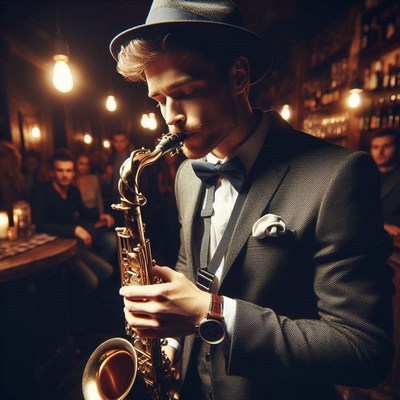 Jazz musician playing saxophone in bar