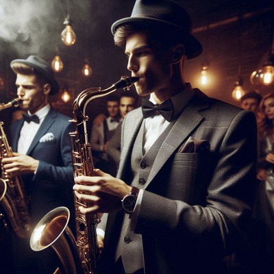 Jazz musician playing saxophone in club