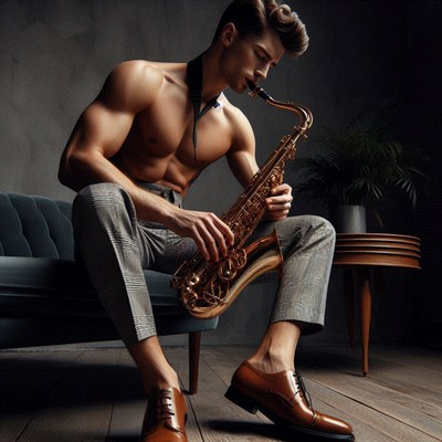 Man playing saxophone on couch