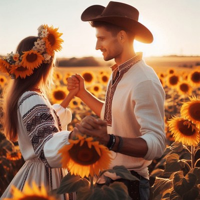 Couple dancing in sunflower field at sunset