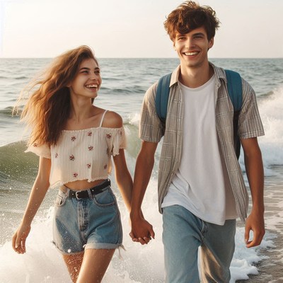 Couple walking on beach at sunset