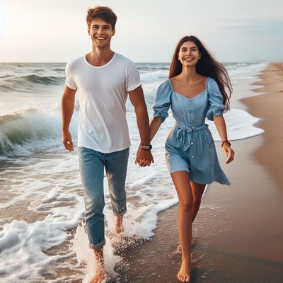 Couple walking on sandy beach