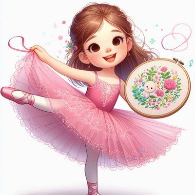 Smiling ballerina holding embroidery hoop