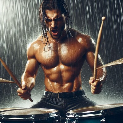 Muscular man plays drums in the rain