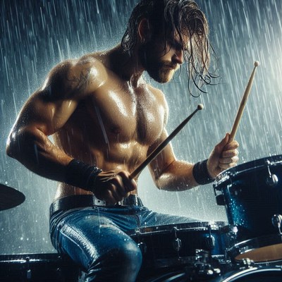 Muscular drummer in rain