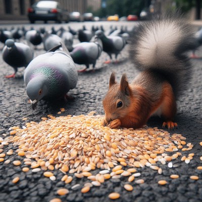 Squirrel and pigeons sharing food