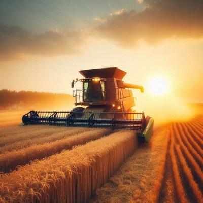 Combine harvester in wheat field at sunset
