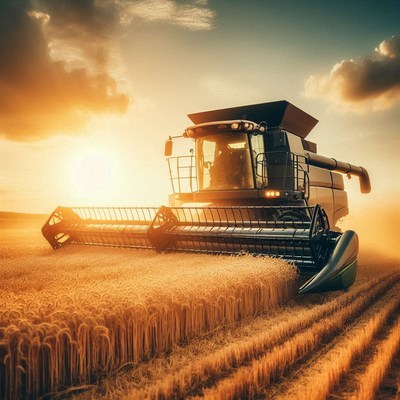 Combine harvester in a wheat field at sunset