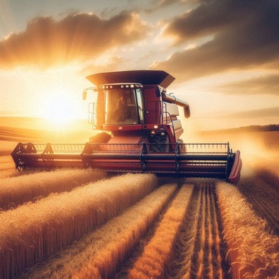 Combine harvester harvesting wheat at sunset