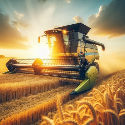 Combine harvester harvesting wheat at sunset