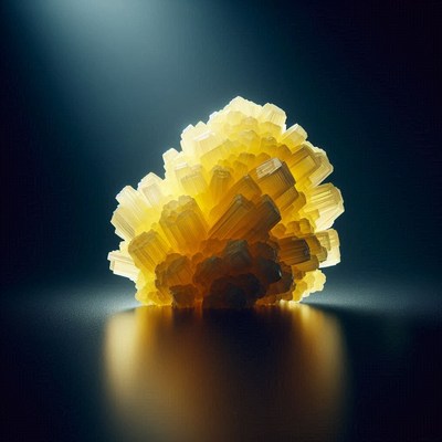 Yellow crystal cluster under spotlight