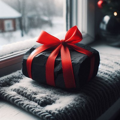 Coal gift on snowy windowsill