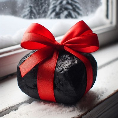 Coal gift on windowsill