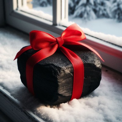 Coal gift on snowy windowsill