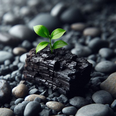 Green sprout emerging from charcoal