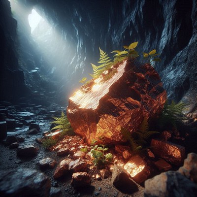 Golden boulder in cave