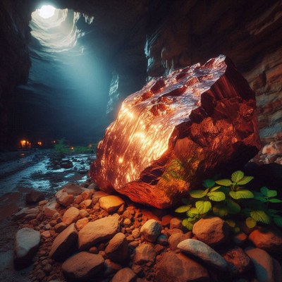 Golden rock in cave with sunlight