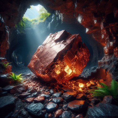 Glowing rock in cave entrance