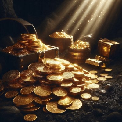 Gold coins in a cave