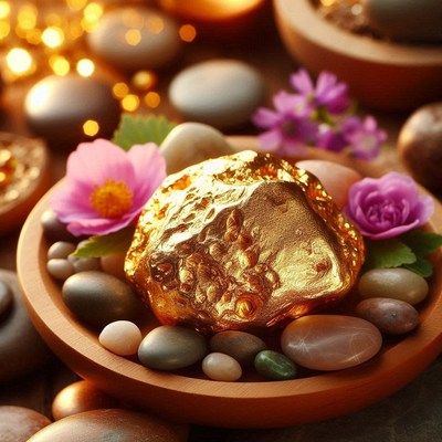 Golden rock with flowers and stones